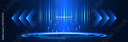 Dark blue futuristic technology background with left right arrows, glowing effect rings for banner, website, cover, presentation, vector