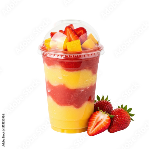 Refreshing strawberry mango smoothie layered in a clear plastic cup with a dome lid. Healthy and delicious treat.