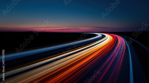 Vibrant light trails of cars speeding on a highway at dusk