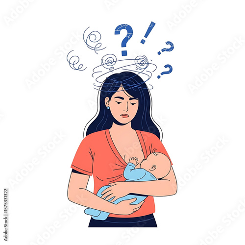 Stressed Mother Breastfeeding Baby with Question Marks and Swirls Above Head