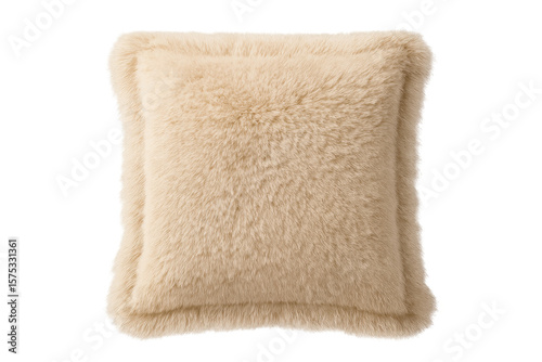 Square fluffy pillow with beige faux fur lying on a transparent background, perfect for adding a touch of comfort to any design