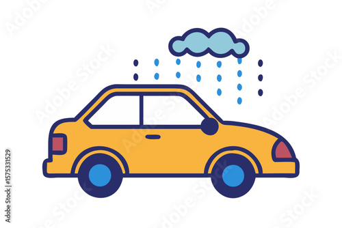 Stylized yellow car with blue wheels parked under a cartoonish blue cloud raining blue raindrops on a black background