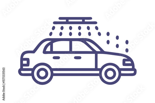 Simple line art illustration of a car being washed by water droplets falling from a sprinkler system