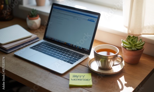 Laptop and tea on wooden table happy wednesday