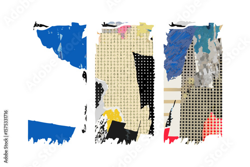 Abstract collage of ripped paper textures and graphic elements in blue yellow and beige tones against a black background