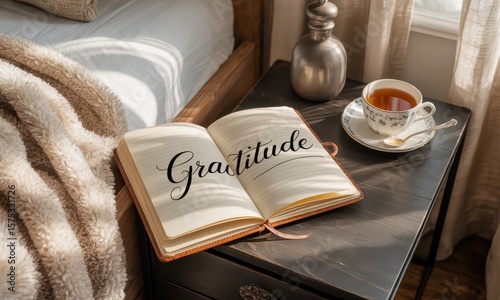 Open gratitude journal and tea on nightstand