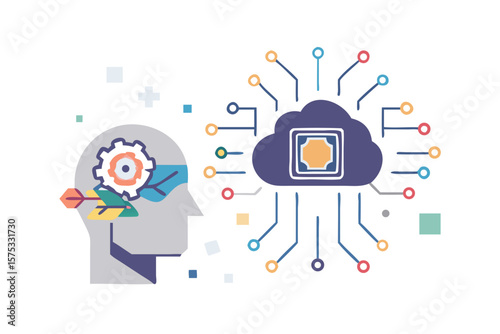 Abstract illustration of a human head with a gear symbolizing thought connected to a cloud computing network with a central processor