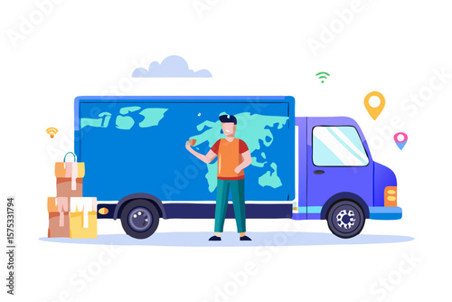 Delivery driver with a world map on the truck packages and location pins symbolizing global logistics and shipping services