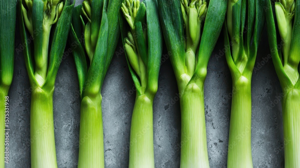 Fresh Green Leeks Arranged Neatly on a Textured Gray Surface Fresh Green Leeks Arranged Neatly on a Textured Gray Surface