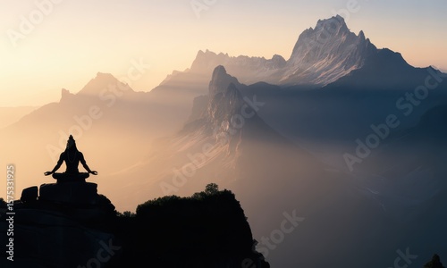 Silhouette of meditating figure on mountaintop at sunrise