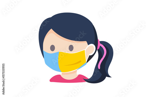 Cartoon girl with dark hair in a ponytail wearing a blue and yellow face mask for protection