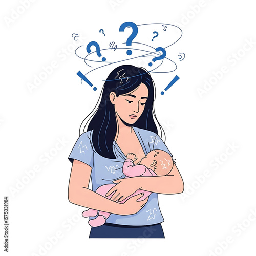 Stressed Mother Breastfeeding Baby with Question Marks and Exclamations