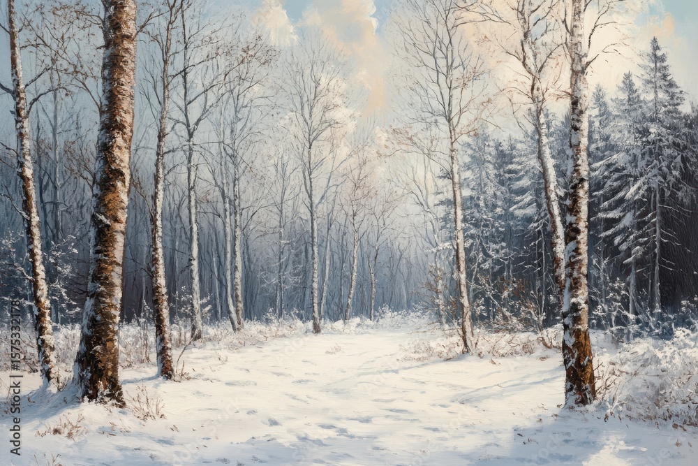Obraz premium Tranquil winter landscape with snow covered forest and distant trees in soft morning light, winter landscape with forest