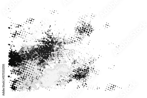 Abstract monochrome grunge texture with distressed halftone pattern and scattered particles on black background