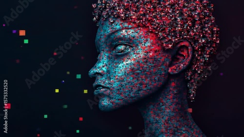Abstract Digital Woman with Cubes Slow Motion Artistic Profile
