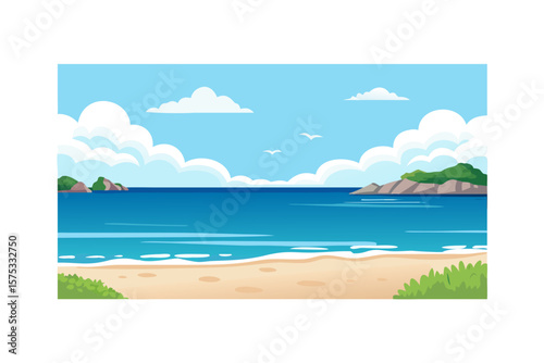 Stylized illustration of a serene tropical beach with calm blue ocean water sandy shore green islands and fluffy clouds under a clear sky with two birds flying