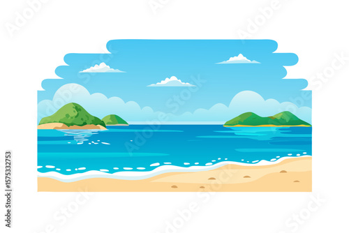 A serene tropical beach scene with calm blue ocean waves gently lapping onto a sandy shore with green islands in the distance under a cloudy sky