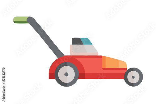 A flat design illustration of a red push lawn mower with a grey handle and green grip on a black background