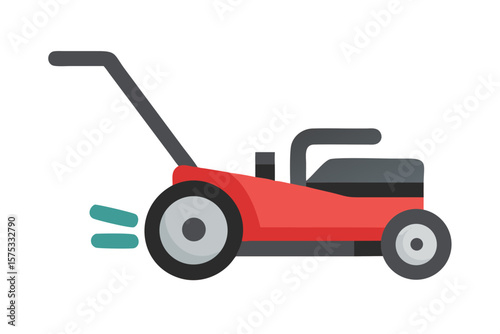 A simple flat design illustration of a red lawn mower with black handle and wheels on a black background