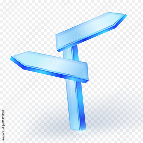 3D blue glass signpost with two blank arrows pointing in different directions. Symbolizes choices, future paths, navigation, and decision making. Vector illustration.