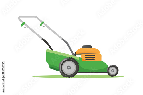 A green and orange push lawn mower with large rear wheels and smaller front wheels sits on a patch of grass