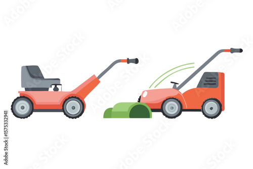 Two cartoon lawn mowers one with a seat and one cutting grass isolated on a black background vector illustration