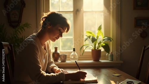 Woman Writing in Notebook at Wooden Table Near Window