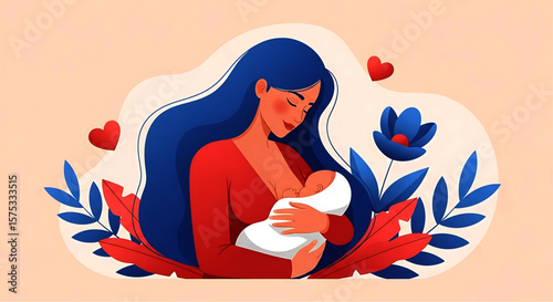 Mother Breastfeeding Baby, Vector Illustration Depicting Love and Care