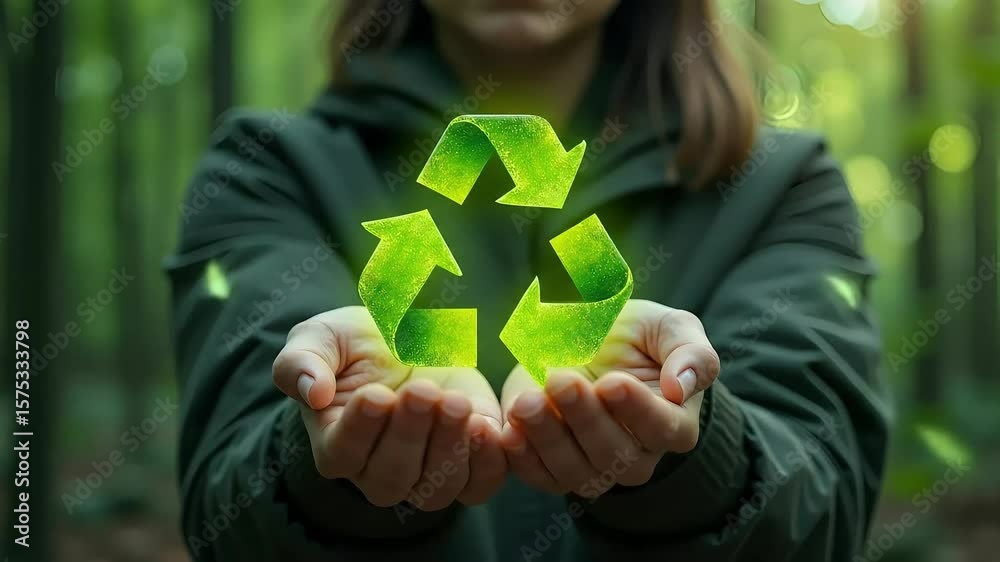 World nature conservation day hands holding green recycle symbol in lush forest for environmental protection