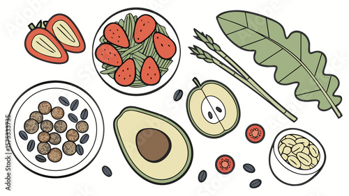 Healthy vegan food illustration with avocado strawberry asparagus and seeds for diet and nutrition