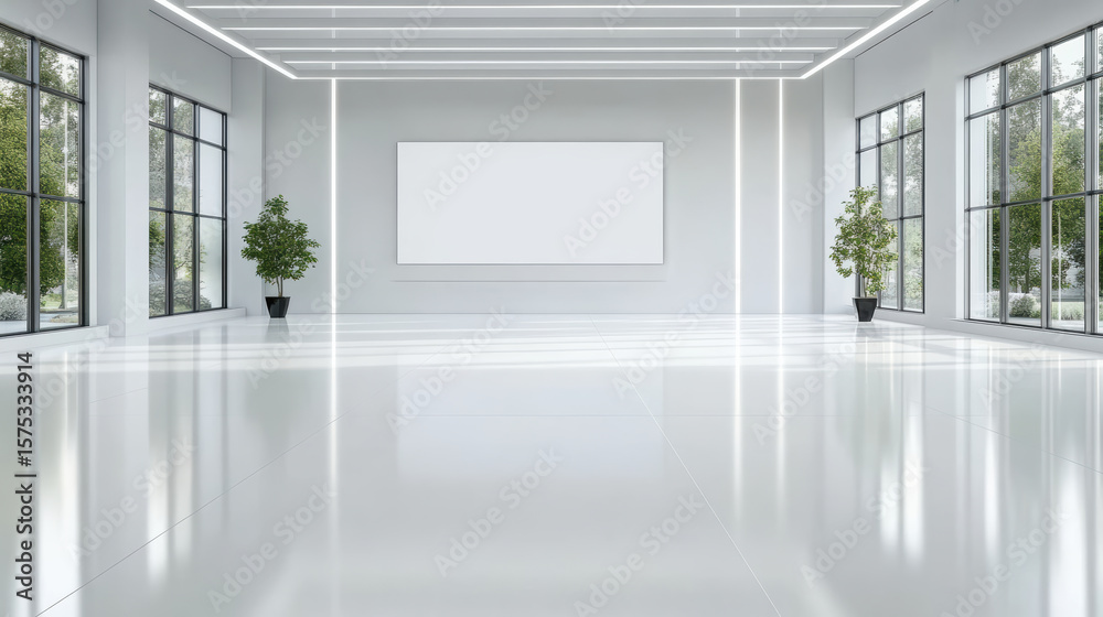 Fototapeta premium Bright, clean white chamber with large windows and minimalistic design, featuring plants