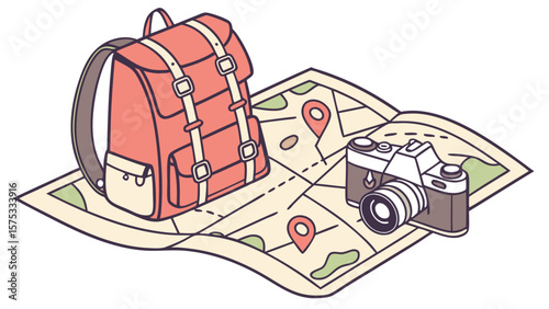 Plan your next adventure: backpack, camera, and map for travel and exploration planning and photography