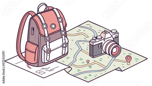 Planning a travel adventure with backpack camera and map for the ultimate vacation experience