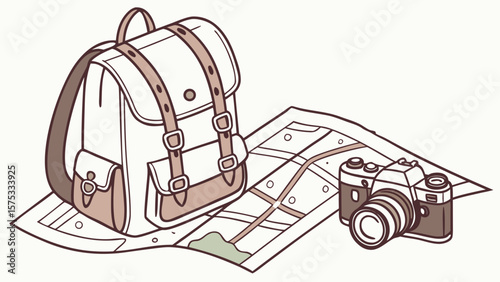 Illustration of travel essentials backpack map and camera for adventure and exploration planning trip