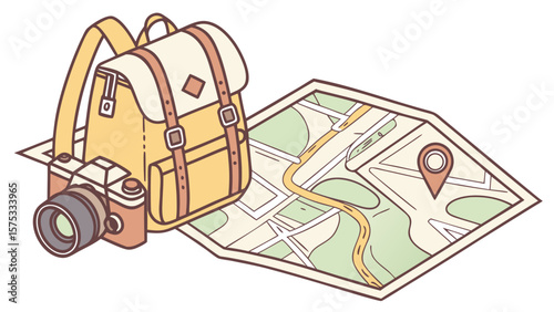 Travel planning essentials backpack camera and map for adventure and exploration journey trip concept