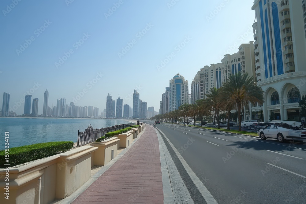 Fototapeta premium Bright sunny day at Sharjah Corniche with stunning seaside views and vibrant city skyline, Sharjah Corniche seaside view during bright sunny day