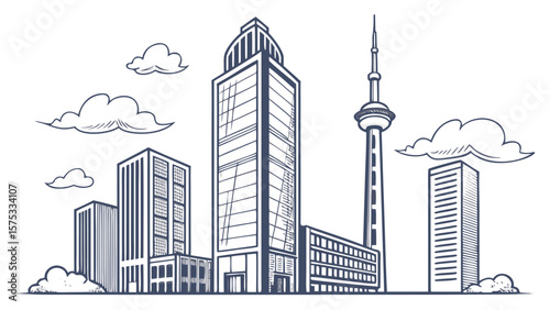 Cityscape drawing of modern architecture with skyscrapers and tower outline vector illustration design concept