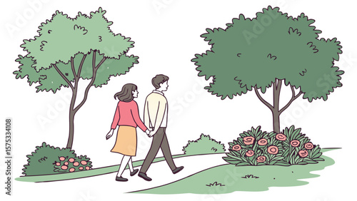 Couple walking in park vector illustration romantic scene trees flowers love relationship outdoor stroll 100