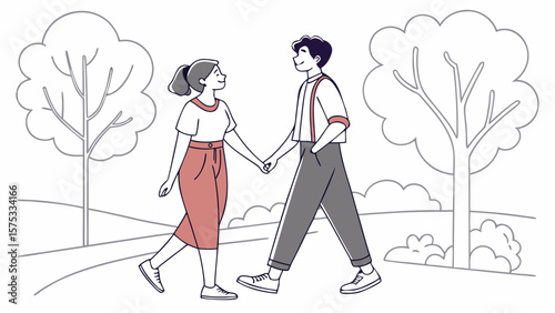 Couple walking holding hands in park illustration vector design for love and relationship concept art