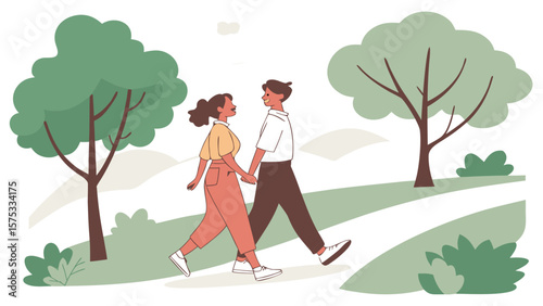 Couple walking outdoors romance love relationship park trees nature together stroll happy lifestyle illustration