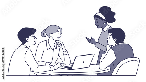 Illustration of diverse team collaboration meeting business discussion with laptop for success project plan