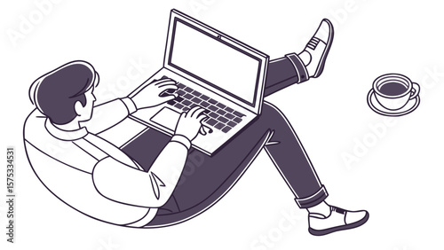 Freelance worker using laptop for remote work with coffee break at home for online business task and project