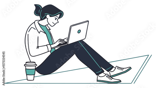 Woman working on laptop computer vector illustration for remote work and freelance lifestyle design at home 100