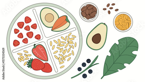 Healthy plate with fruits and vegetables for balanced diet and nutrition illustration vector design art