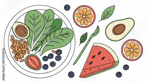 Healthy eating salad bowl with fresh fruits and vegetables for nutrition and wellness diet plan