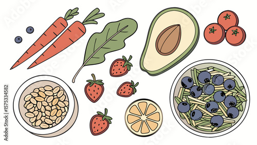 Healthy eating concept with fruits and vegetables for nutrition and balanced diet lifestyle is shown
