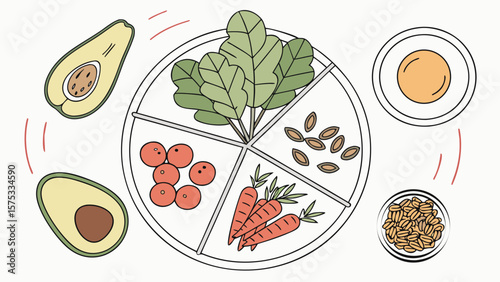 Healthy balanced plate with avocado, carrots, tomatoes, seeds, egg and salad illustration