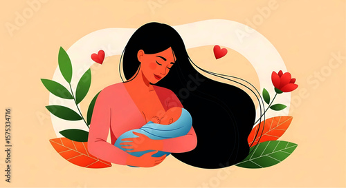 Mother Breastfeeding Baby with Love, Long Black Hair, Pink Top, Blue Blanket