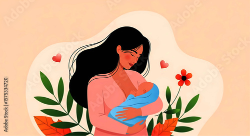 Mother Breastfeeding Baby, Loving Embrace, Pink Dress, Black Hair, Illustration.