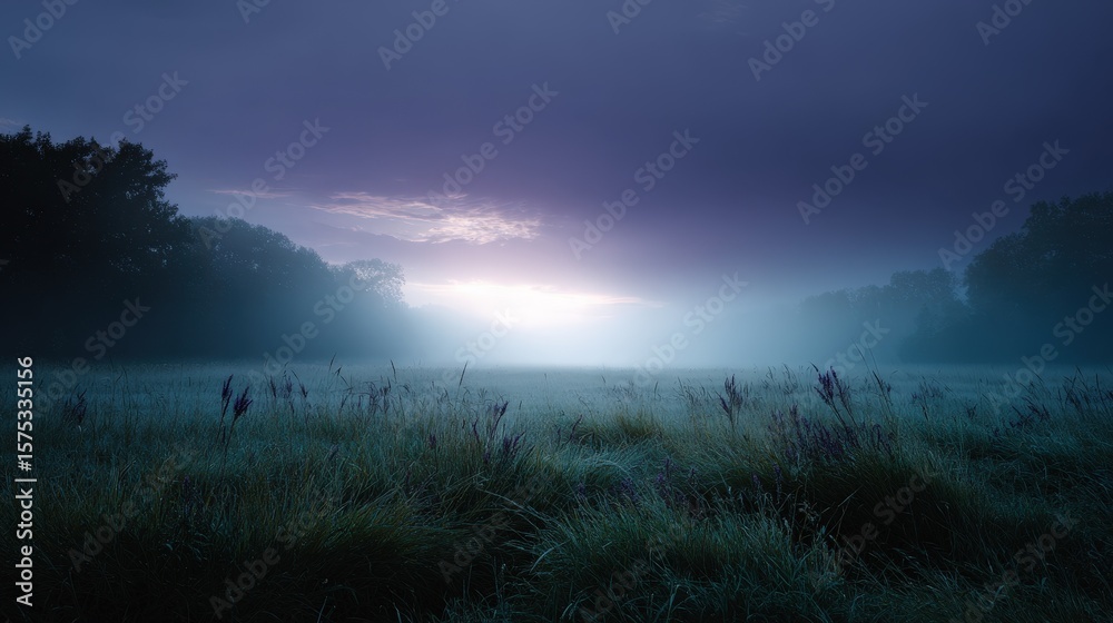 Obraz premium Misty Field Sunrise Landscape with Purple Sky